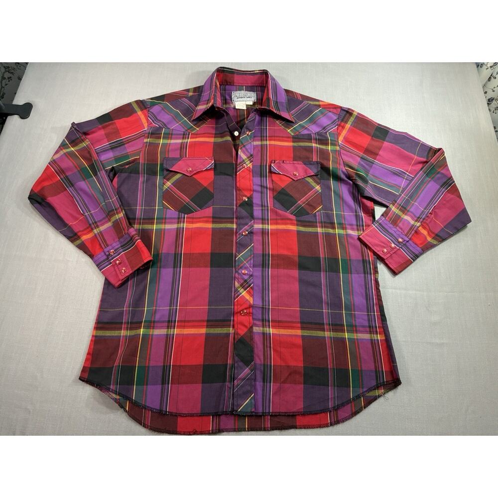 Vintage Pearl Snap Western Plaid Shirt Mens Large Red Purple Cowboy Button Up